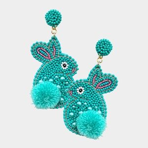 Felt Back Pom Pom Pearl Seed Beaded Easter Bunny Dangle Earrings